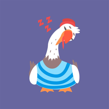 Funny seagull sitting and sleeping, cute comic bird character cartoon vector illustration