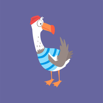 Funny seagull in a striped vest, cute comic bird character cartoon vector illustration