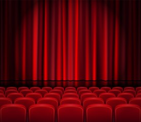 Closed Red Curtains with Seats in a theater or ceremony. Realistic Theater hall, Opera or Cinema Scene for your design. Movie premiere poster. Vector Illustration.