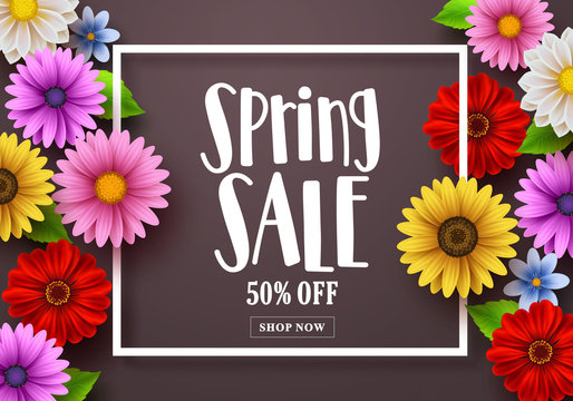 Spring sale text in a background vector template with colorful various flowers, a boarder frame and elements for spring season shopping discount promotion. Vector illustration.
