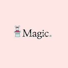 Cute rabbit with a flower crown coming out of the magician hat next to the word magic with stars vector illustration on pink background.