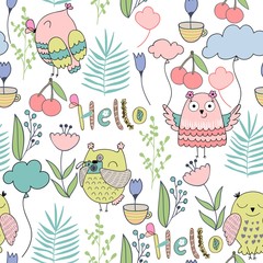 Fototapeta premium Seamless pattern with cartoon owls. Perfect for paper products, gift items and patterns, fabric design and others