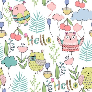 Seamless pattern with cartoon owls. Perfect for paper products, gift items and patterns, fabric design and others