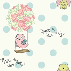 Cartoon owls on a flower swing. Seamless pattern.