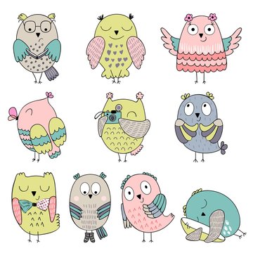 Vector Set of cartoon cute isolated owls.