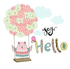 Card with cartoon owl on a flower swing in the clouds. Say hello.