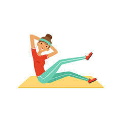 Sportive young woman character sitting on the floor and swinging her leg, girl working out in the fitness club or gym colorful vector Illustration