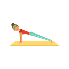 Sportive young woman character doing the push up exercise, girl working out in the fitness club or gym colorful vector Illustration