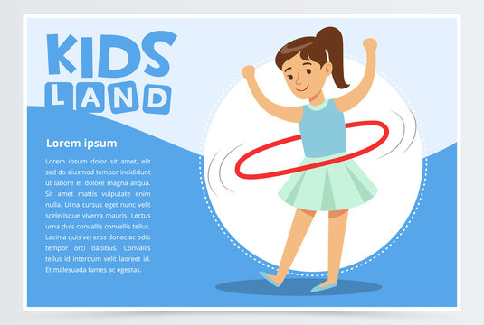 Beautiful girl spinning a hula hoop around her waist, kids land banner flat vector element for website or mobile app