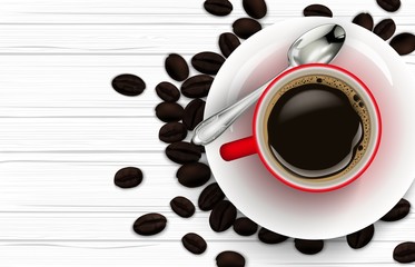 Red cup of coffee with spoon and coffee beans on white wooden background