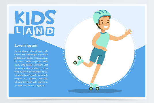 Smiling active boy rollerblading, kids land banner flat vector element for website or mobile app