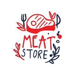Meat store logo template, vintage label colorful hand drawn vector Illustration