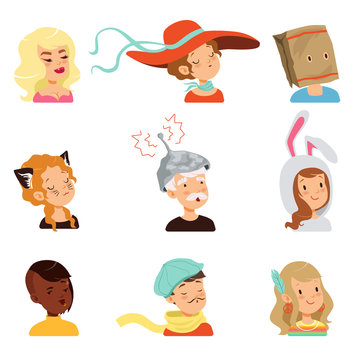 Strange people characters set, different funny faces vector illustrations