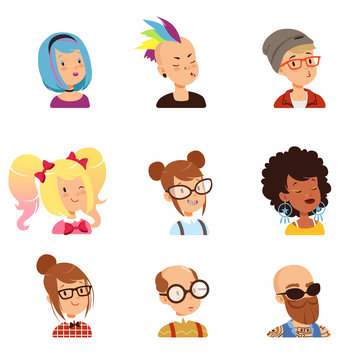 Strange people characters set, funny faces with different features and hairstyles vector illustrations