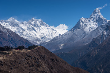 Himalaya mountains view including Everest, Lhotse, and Ama Dablam peak, Everest region, Nepal