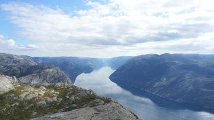 Aerial view of Lysefjord from the top of the Preikestolen cliff near Stavanger, famous tourist attraction in Norway