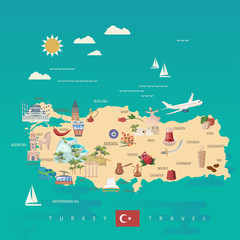 Turkey vector vacations illustration with turkish landmarks. Travel agency poster.