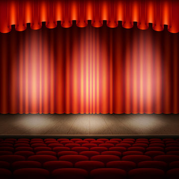Spotlight on stage and red curtain. EPS 10 vector