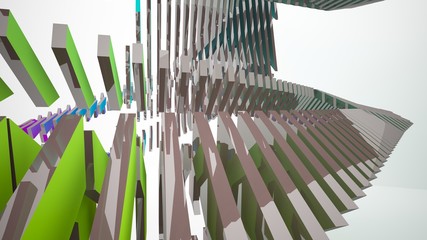 Abstract white and colored gradient parametric interior with window. 3D illustration and rendering.