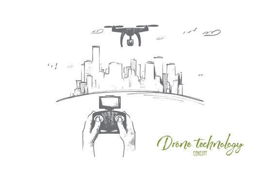 Drone technology concept. Hand drawn person control flight of drone. Hands of pilot of quadrocopter aero videography isolated vector illustration.