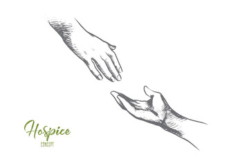 Hospice concept. Hand drawn one person ready help to another. Hand holding elder hand in hospice care isolated vector illustration.