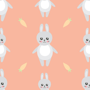 Cute baby pattern with little bunny. Cartoon animal print vector seamless with rabbits and carrots. Kids background for birthday party, children clothing fabric, nursery wallpaper, bedroom textile.