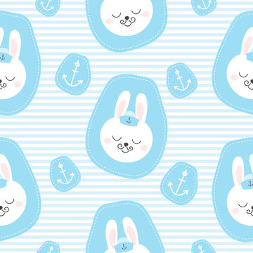Cute baby pattern with little bunny. Cartoon animal boy print vector seamless. Nautical background with sailor rabbit patches for children birthday party, kids bedroom wallpaper, nursery textile.