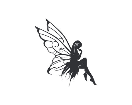 Flying Beautiful Fairy with Wings Illustration Silhouette Symbol Logo Vector