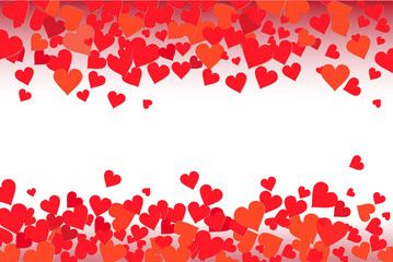 Love background of hearts on a red background. Design of a romantic greeting card (banner).  illustration. Love, romance, wedding. 