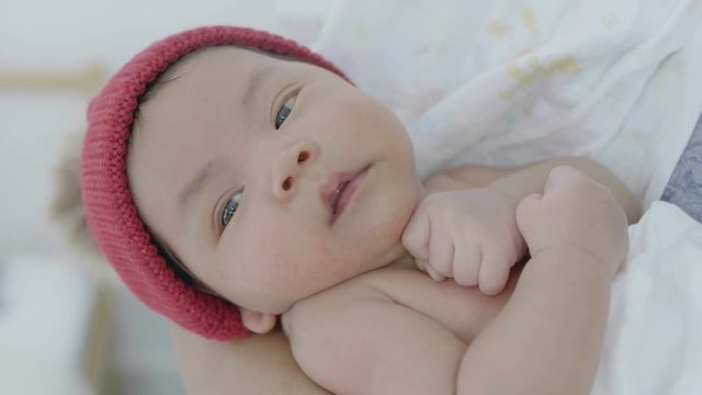 4K Slow motion Happy Asian father take care his newborn baby