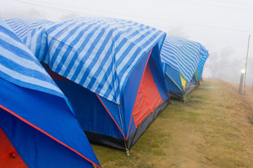 Travel tent in the morning with fog