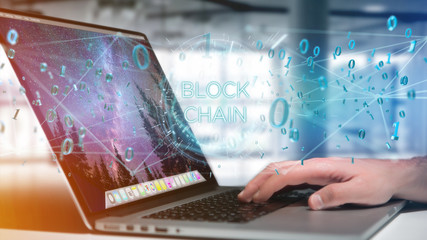 Blockchain title with 0 and 1 data flying over