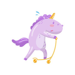 Cute unicorn character riding kick scooter, funny magical animal cartoon vector Illustration