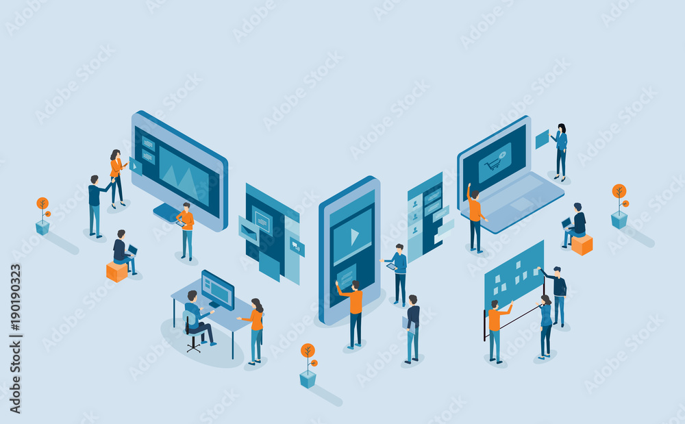 Aufkleber isometric mobile application and web design  development process for responsive device  concept .group business team  working 