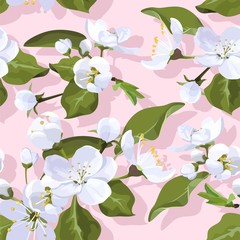 Obraz premium Apple Blossom Vector Seamless Pattern Flowered Texture on pink Background