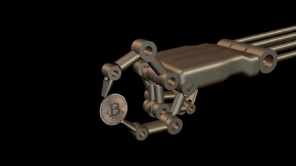 Close-up Of Robotic Hand Showing Bitcoin Coin. 3D Rendering