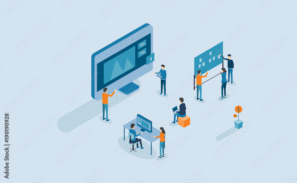 Poster web develop and web design process with isometric flat people business team working  and project brainstorming concept