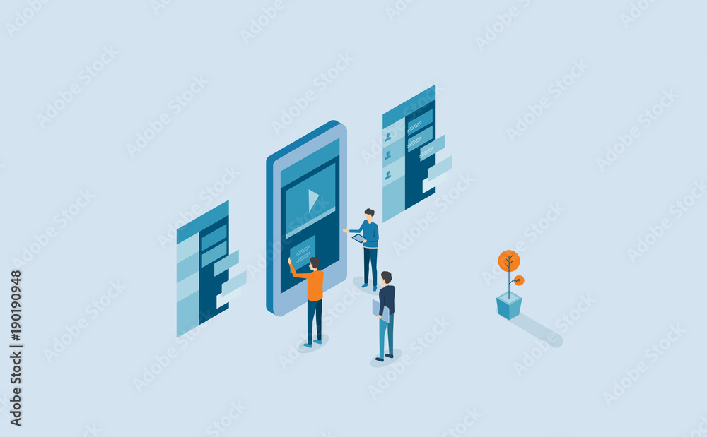 Poster mobile application design  and development process .with isometric  group business team  working and project brainstorming concept
