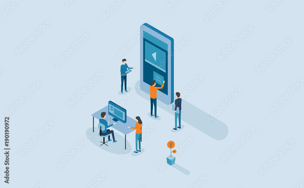 Poster mobile application design  and development process .with isometric  group business team  working and project brainstorming concept

