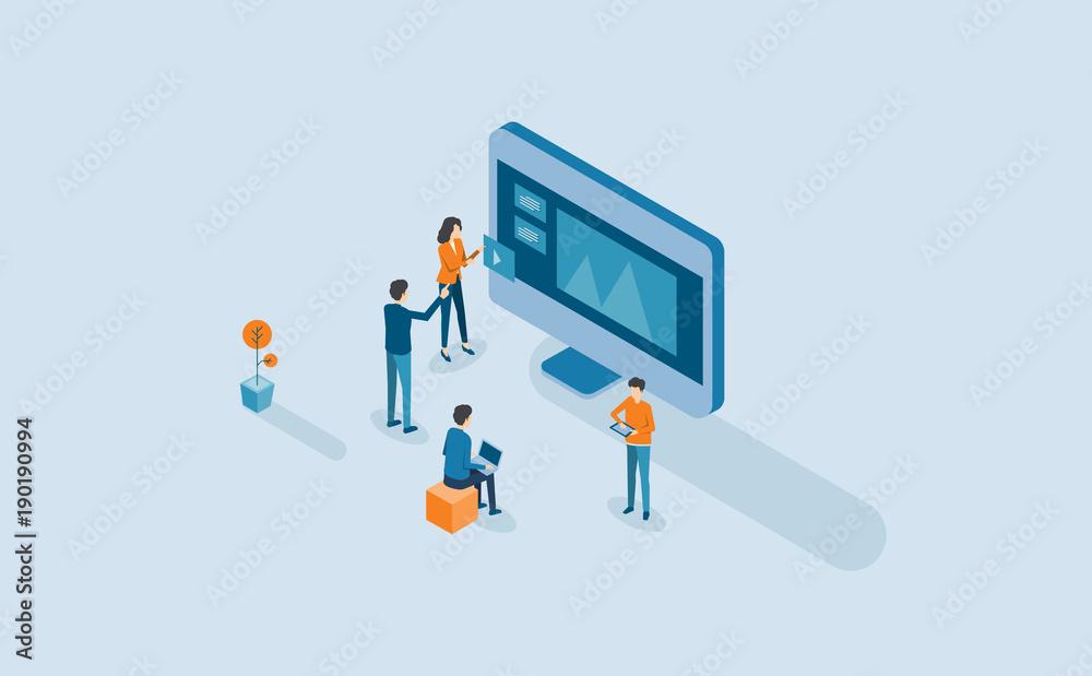 Poster web develop and web design process with isometric flat people business team working  and project brainstorming concept