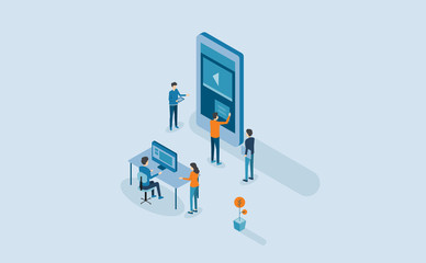 mobile application design  and development process .with isometric  group business team  working and project brainstorming concept
