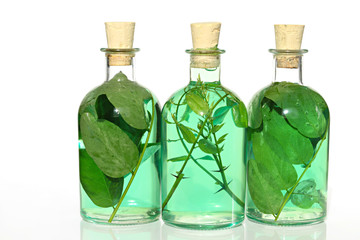 Herbal tincture. green herbal tincture in three transparent glass bottles . infusion of healing herbs. Homeopathy and alternative medicine
