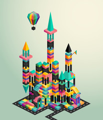 Isometric 3d view of abstract city made of building blocks with street and hot air balloon, eps10 vector