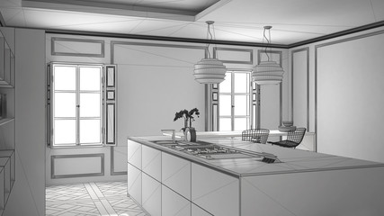 Unfinished project of modern kitchen furniture in classic room, old parquet, minimalist architecture interior design