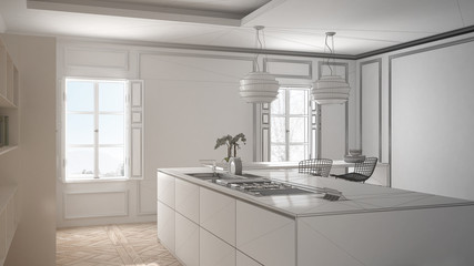 Unfinished project of modern kitchen furniture in classic room, old parquet, minimalist architecture interior design