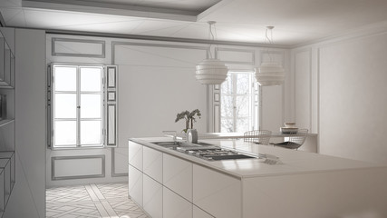 Unfinished project of modern kitchen furniture in classic room, old parquet, minimalist architecture interior design