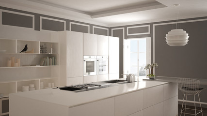 Fototapeta na wymiar Modern kitchen in classic interior, island with stools and two big window, white and gray architecture interior design