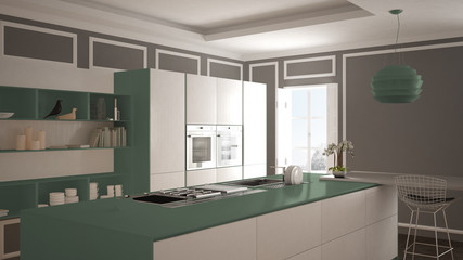 Modern kitchen in classic interior, island with stools and two big window, white and green architecture interior design