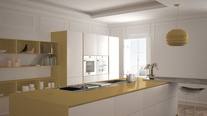 Modern kitchen in classic interior, island with stools and two big window, white and yellow architecture interior design