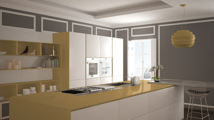 Modern kitchen in classic interior, island with stools and two big window, white and yellow architecture interior design